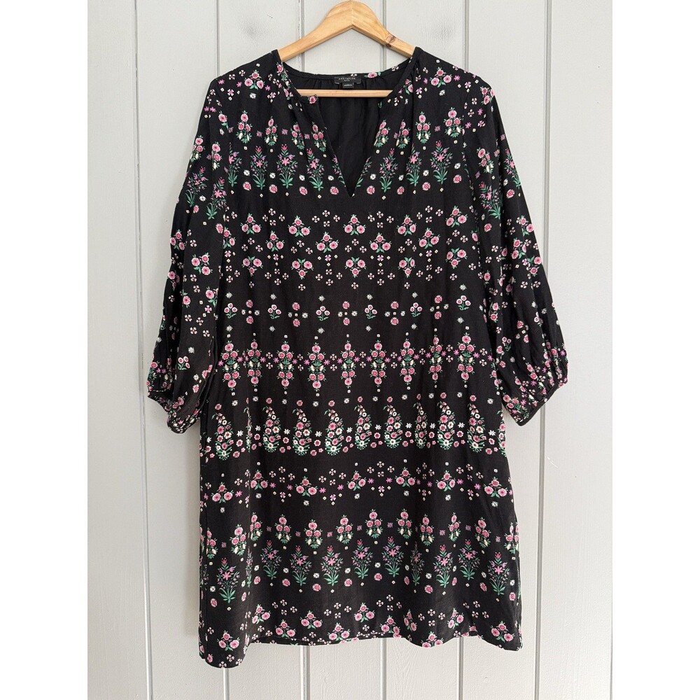 Ann Taylor Dress MP Garden Floral Stripe Split Neck Shift Linen Blend Boho